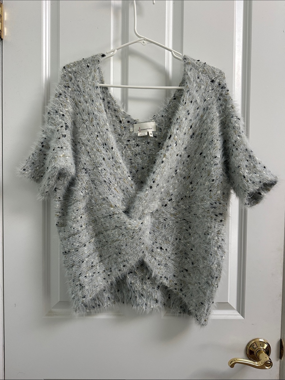 Anthropologie Gray Speckled Fuzzy Twist-Front V-Neck Sweater